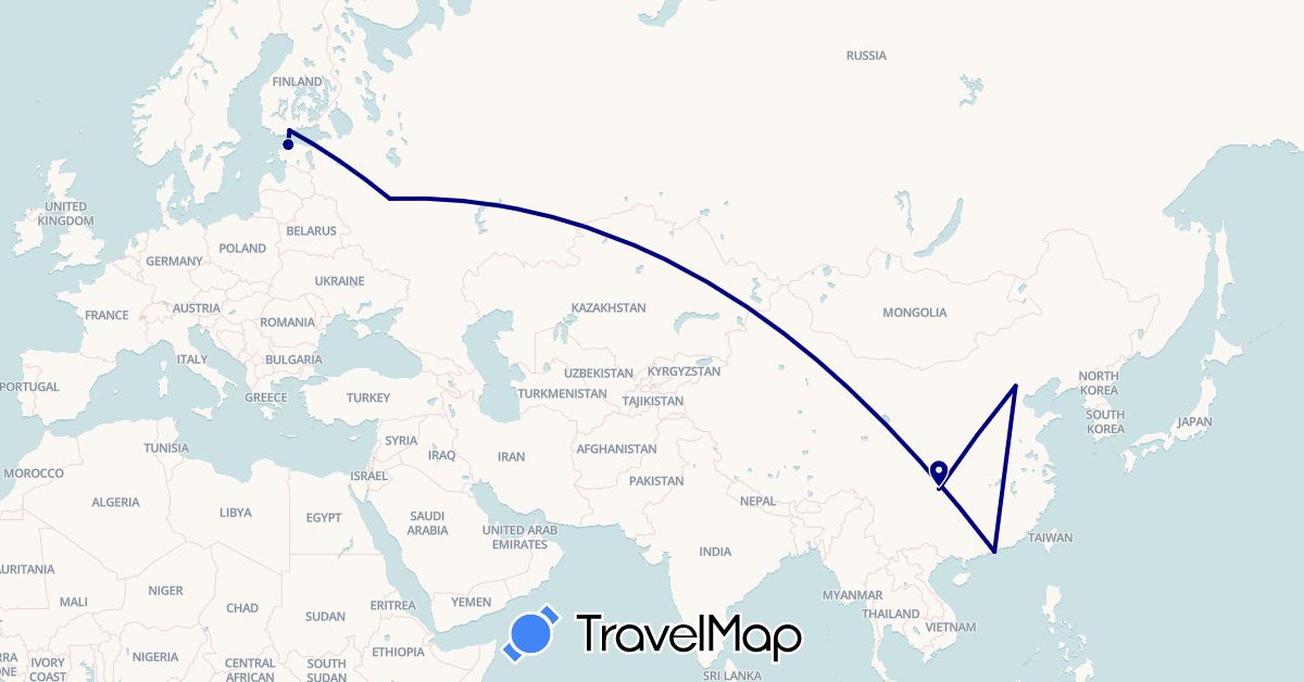 TravelMap itinerary: driving in China, Estonia, Finland, Hong Kong, Russia (Asia, Europe)